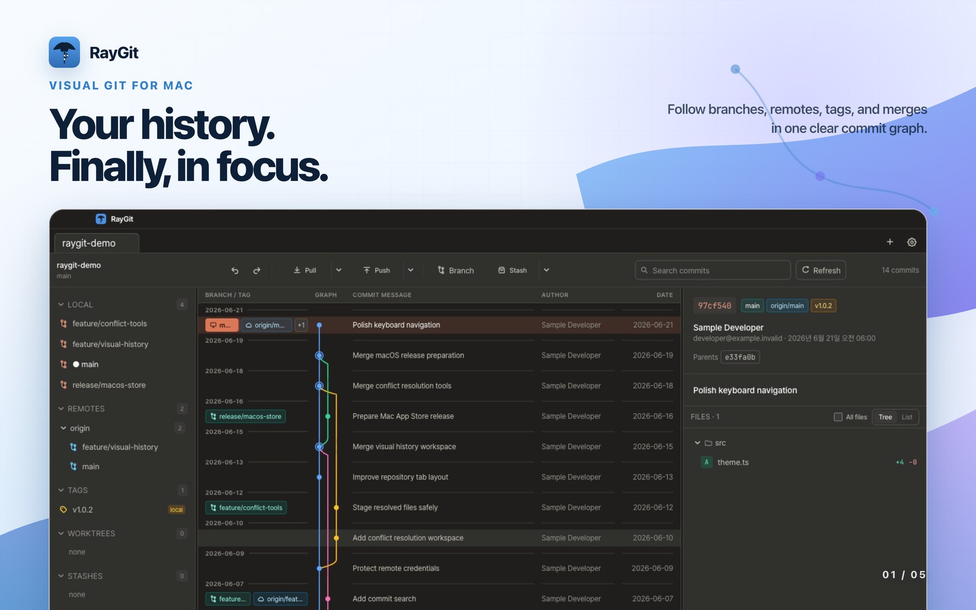 RayGit Mac App Store artwork — the real app rendering a multibranch commit graph with local and remote refs, tags, and per-commit file details, under the headline 'Your history. Finally, in focus.'
