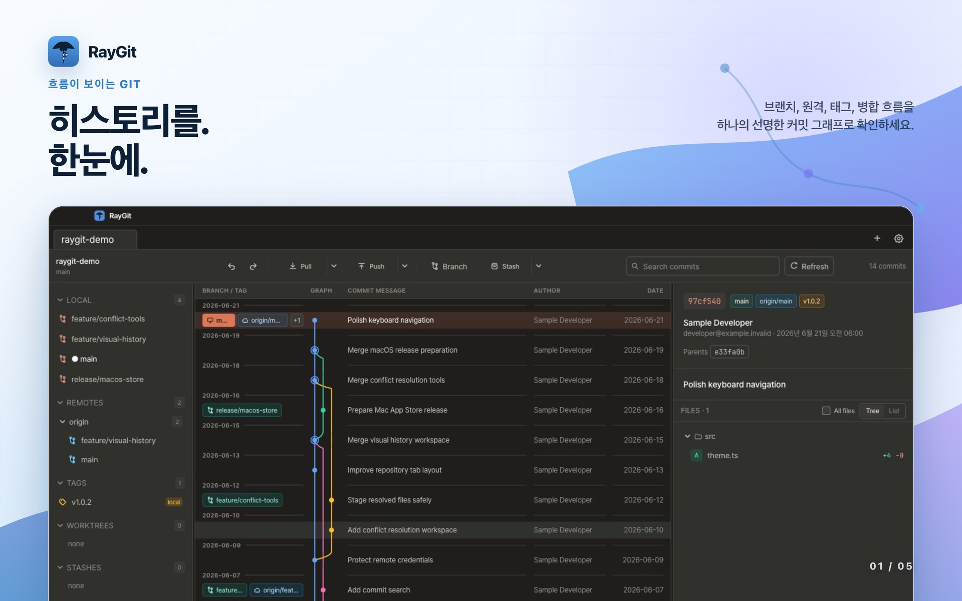 RayGit Mac App Store 아트워크 — '히스토리를. 한눈에.' 헤드라인 아래, 여러 브랜치 커밋 그래프와 로컬·리모트 ref, 태그, 커밋별 파일 상세를 보여주는 실제 앱 화면