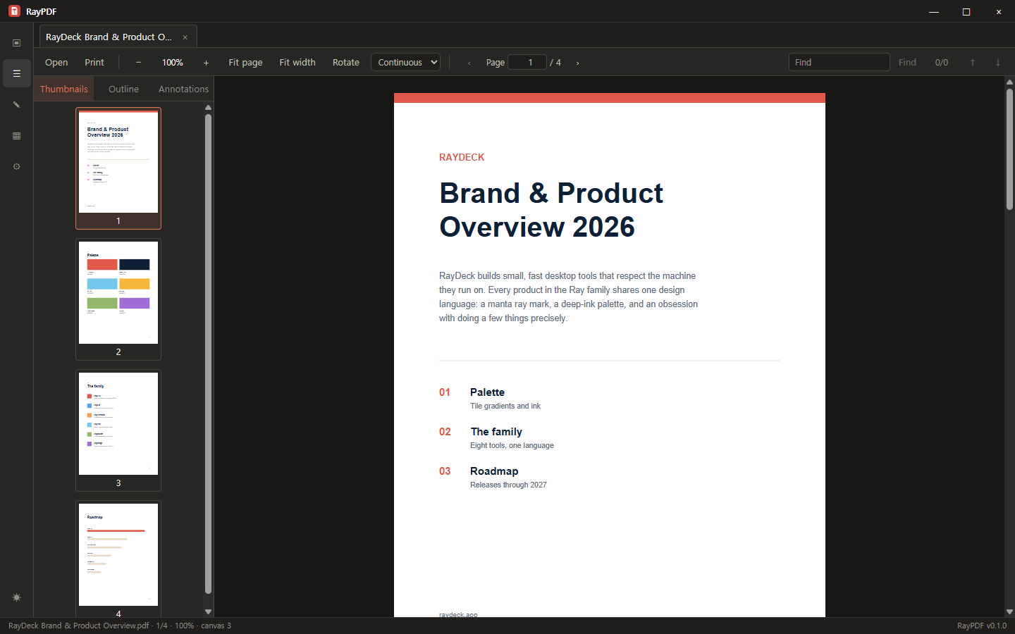 RayPDF showing a four-page document with the thumbnail panel open, dark theme