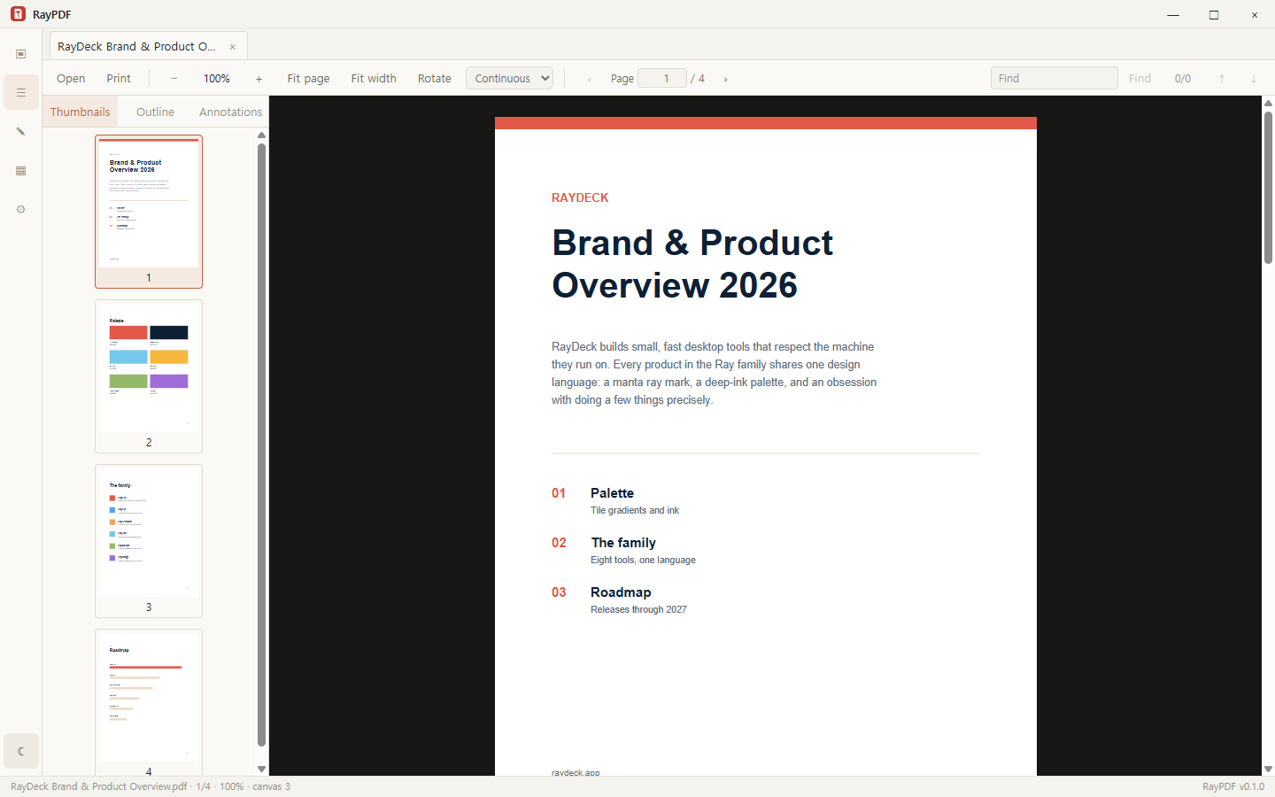 RayPDF light theme showing the same document
