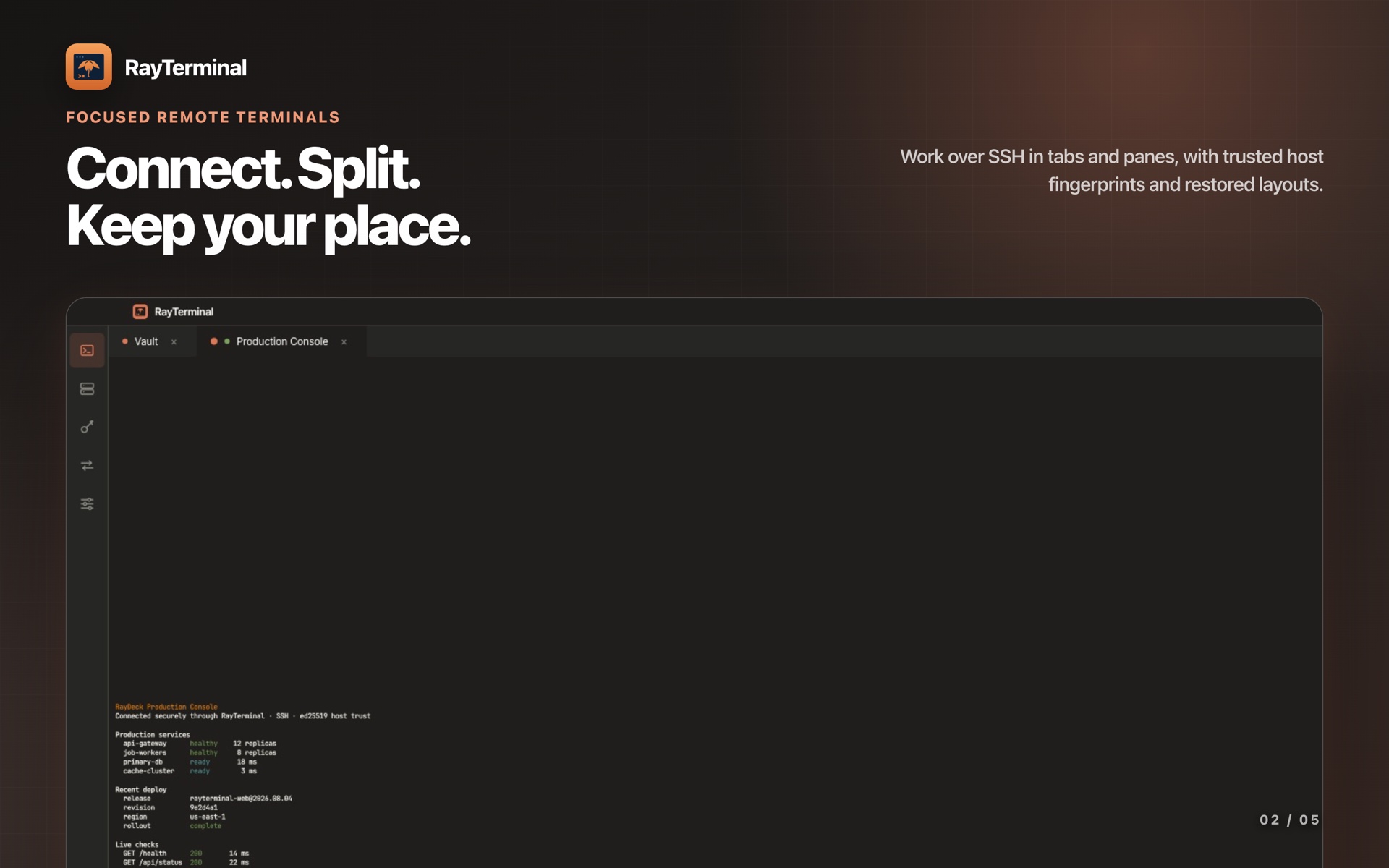 A remote SSH session open in a terminal tab beside the vault.