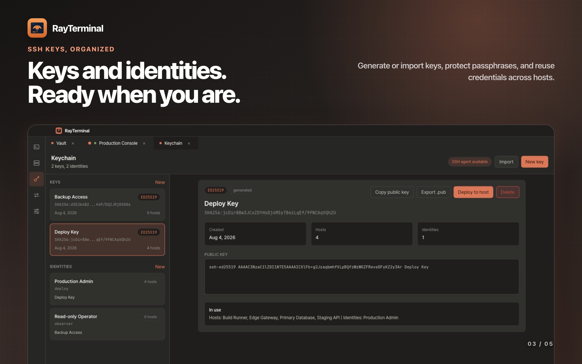 The keychain: ED25519 keys and identities, with the selected key's fingerprint and public key.