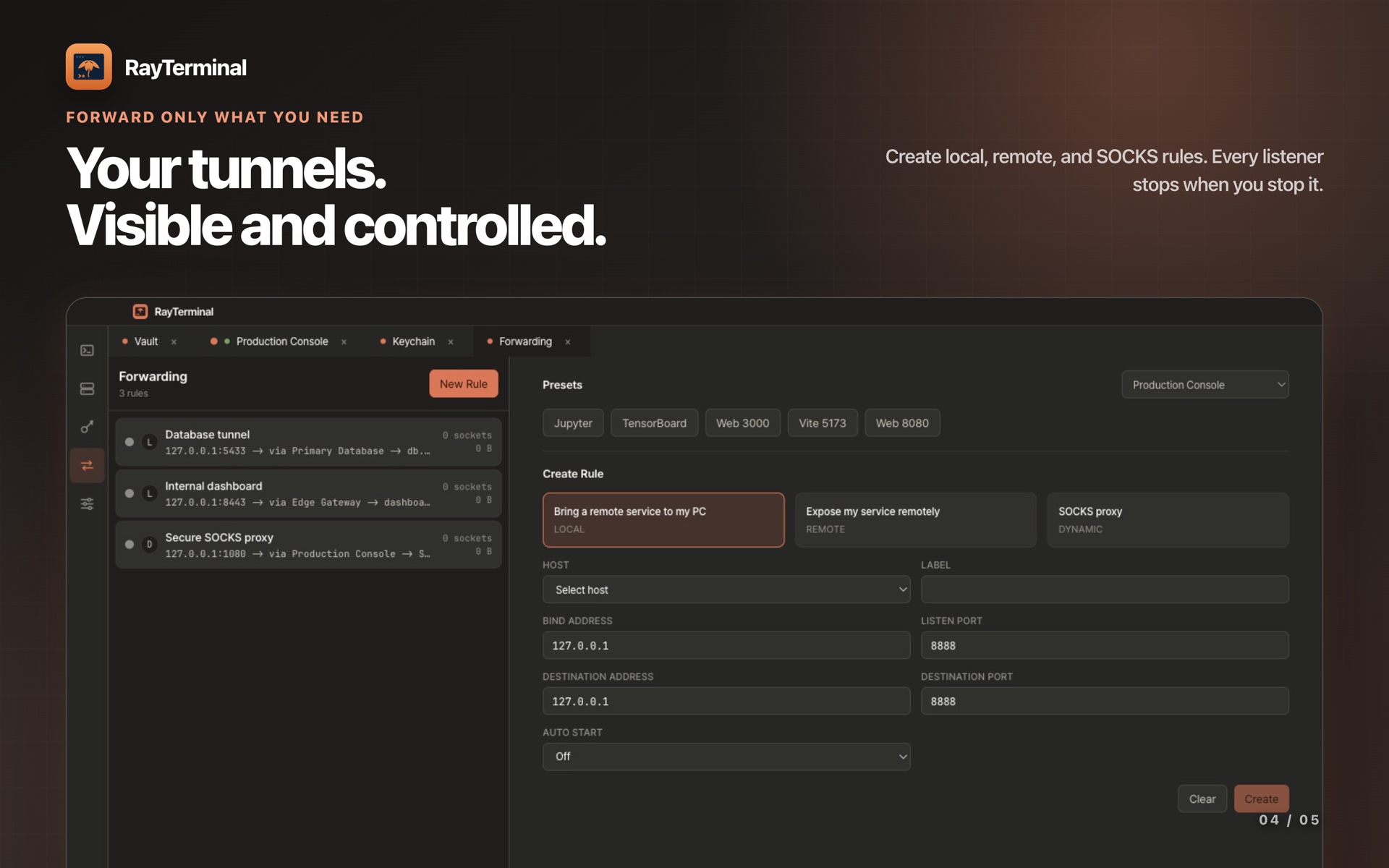 Forwarding rules — local, remote, and SOCKS — next to the form for a new rule.